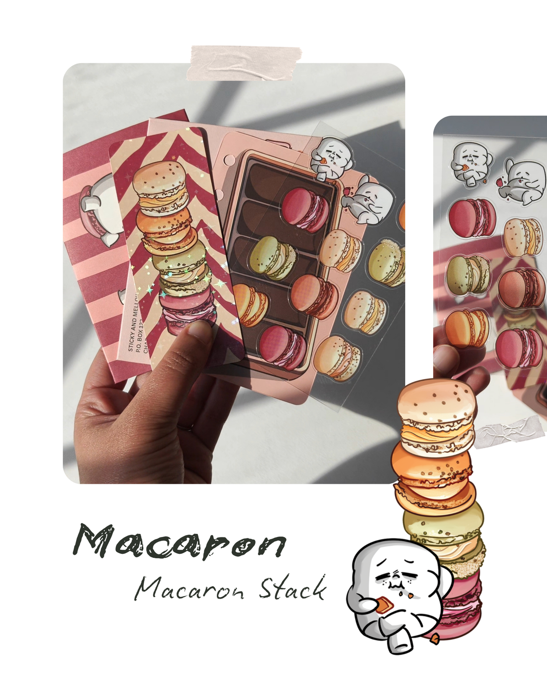 Hand holding a Sticky and Mellow macaron sticker set showing clear PVC overlay sheets and paper base inserts for 3D journal binders