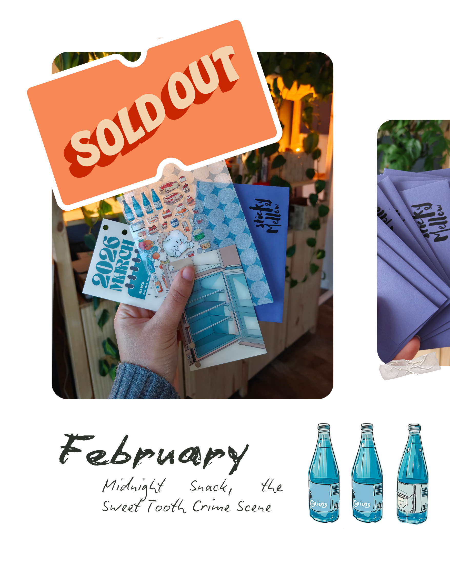 Collage of items with 'SOLD OUT' sign, blue bottles, and text about February theme.