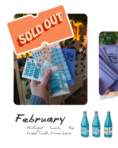 Collage of items with 'SOLD OUT' sign, blue bottles, and text about February theme.
